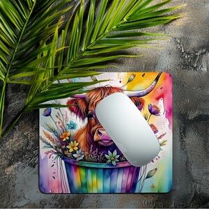 Hand Crafted Rainbow Highland Cow Mouse Pad - Multicolor